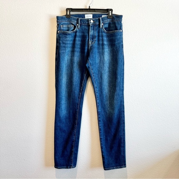 FRAME L’Homme Slim Jeans Men’s 34x31.5 Stretch Cotton Blend Dark Wash Denim - Picture 1 of 11